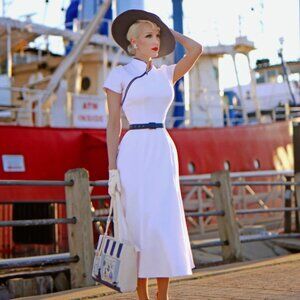 Cathy Vintage Inspired Dress - white/ navy - Size S